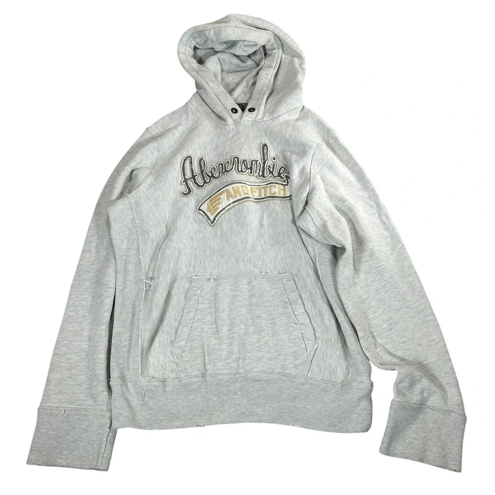 Abercrombie & Fitch‎ Mens Large Gray Embroidered Logo Pullover Hoodie Distressed